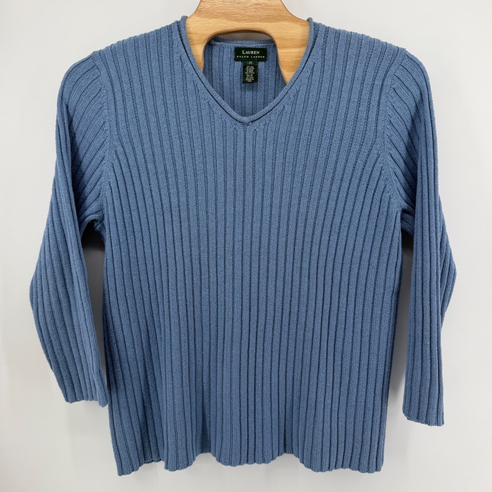 Lauren Ralph Sweater Women's 3X Blue Silk Linen V-Neck Ribbed Knit 3/4 Sleeve
